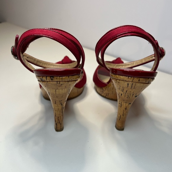 Michael Kors Tied Up Ankle Open Toe Red Fabric & Cork Summer Heels - Picture 6 of 9